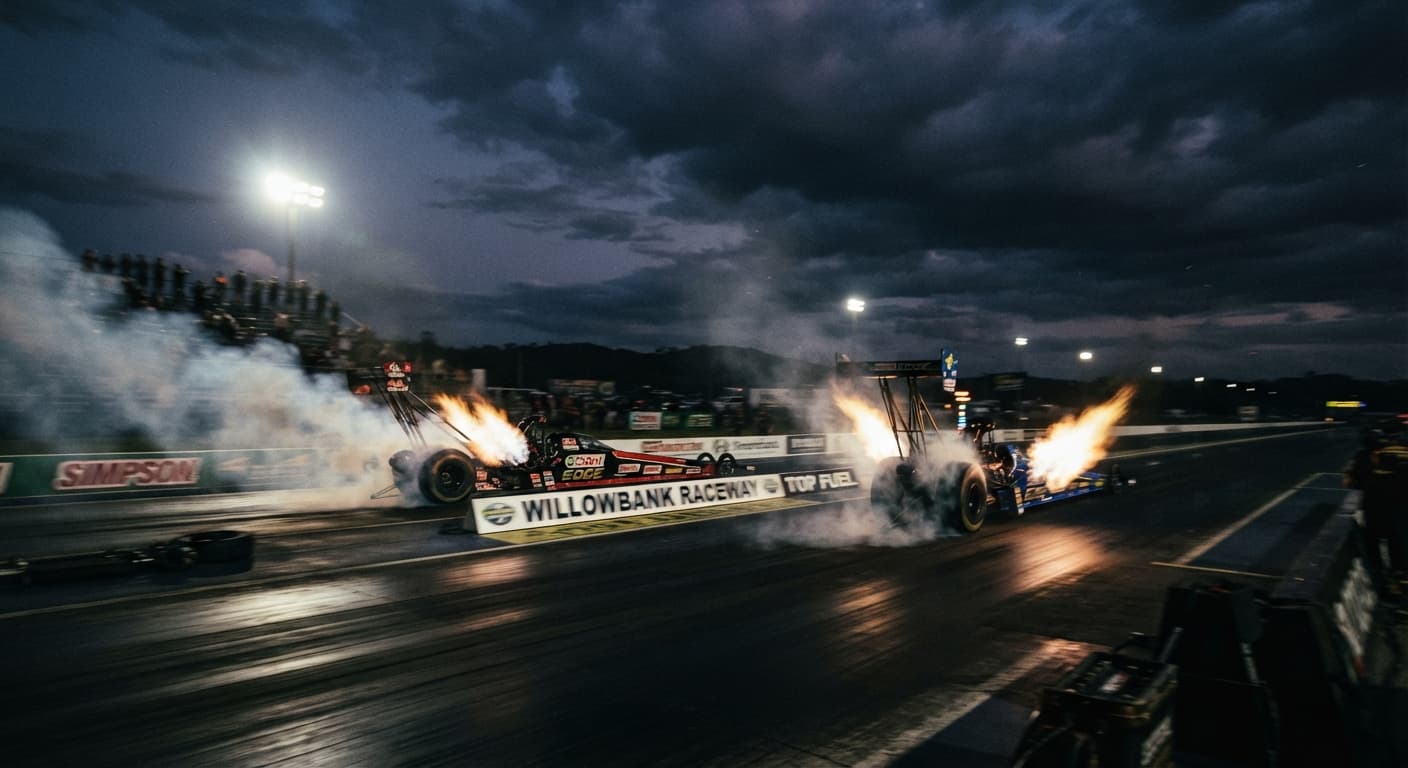 Two top fuel dragsters launching side by side at dusk